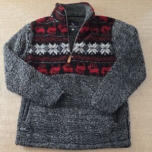 Simply Southern Sherpa Pullover Small Gray Red Fair Isle Quarter Zip Fleece